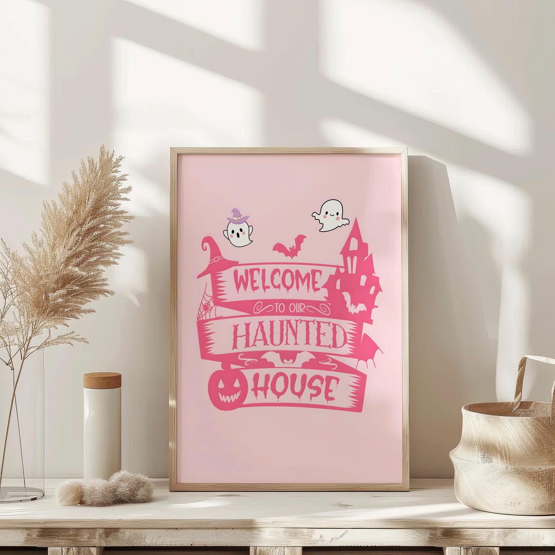 Cute Pink Welcome To Our Haunted House Ghosts Halloween Decor Poster - Image 3