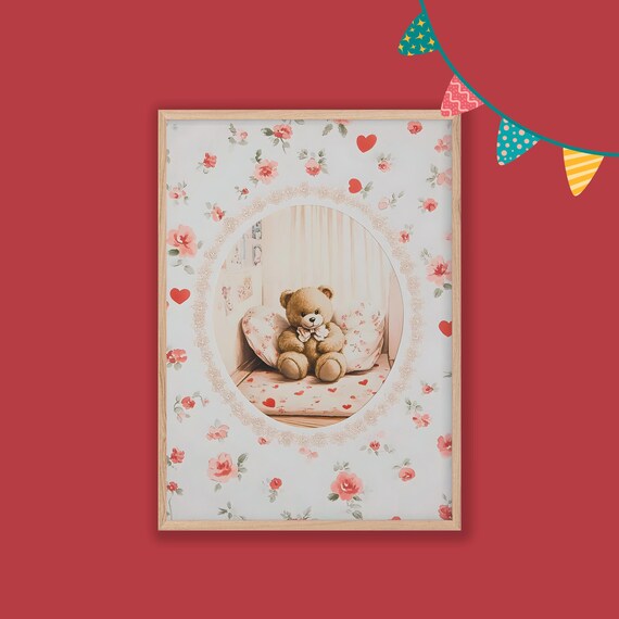 Vintage Teddy Bear in Floral Heart Oval Sweet Nursery Wall Art