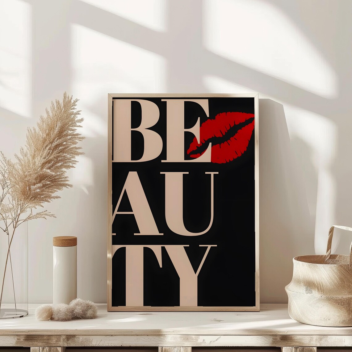 Beauty Red Lipstick Kiss Bold Typography Glam Fashion Vanity Wall Art