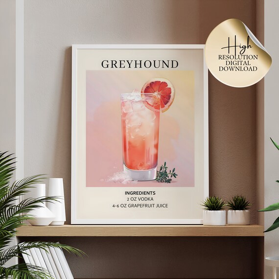 Greyhound Cocktail Watercolor Grapefruit Drink Recipe Kitchen Print