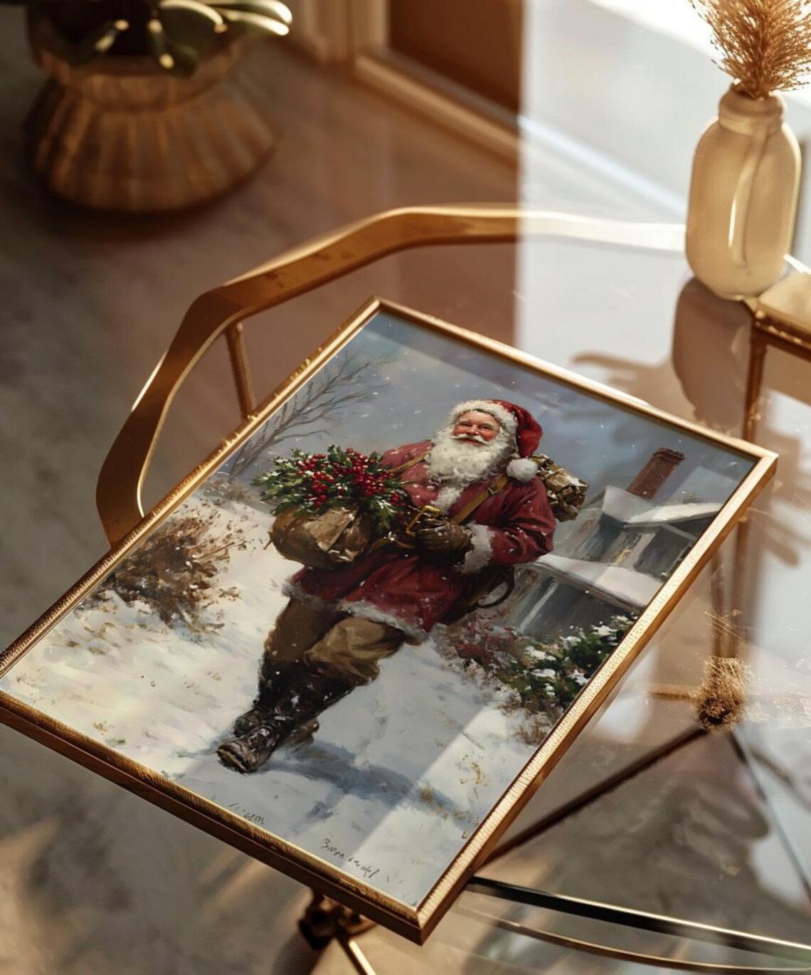Santa Carrying Holly Through Snowy Village Vintage Christmas Art Poster - Image 2