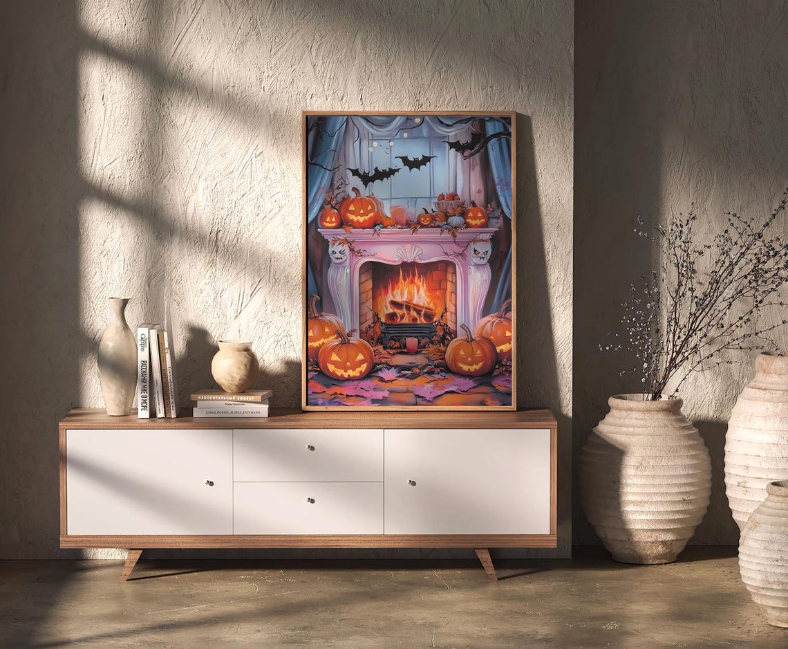 Cute Cozy Halloween Fireplace Mantel Pumpkins Bats Autumn Poster - Image 2