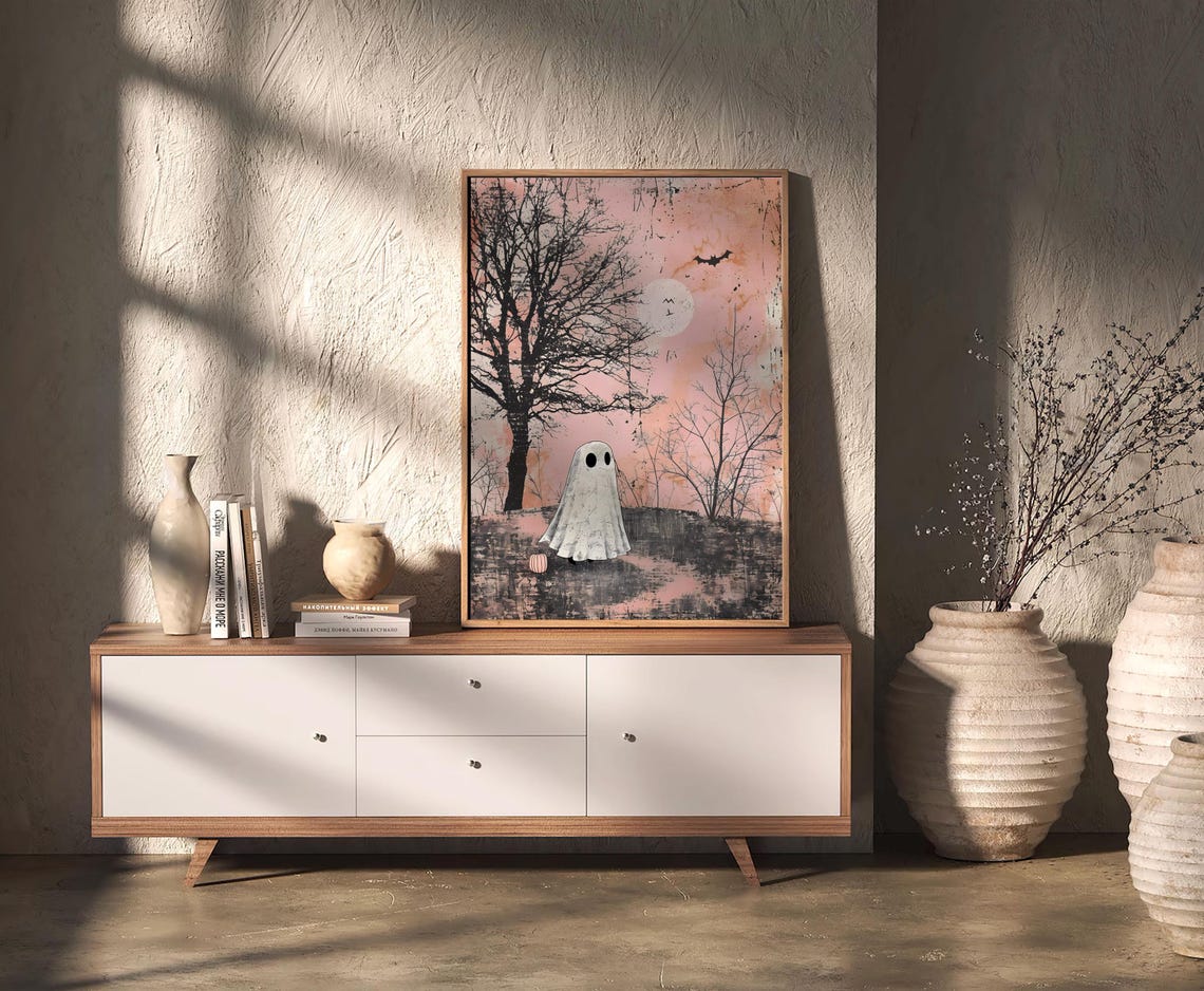 Cute Ghost Under Moon In Spooky Forest Vintage Halloween Pink Poster - Image 2