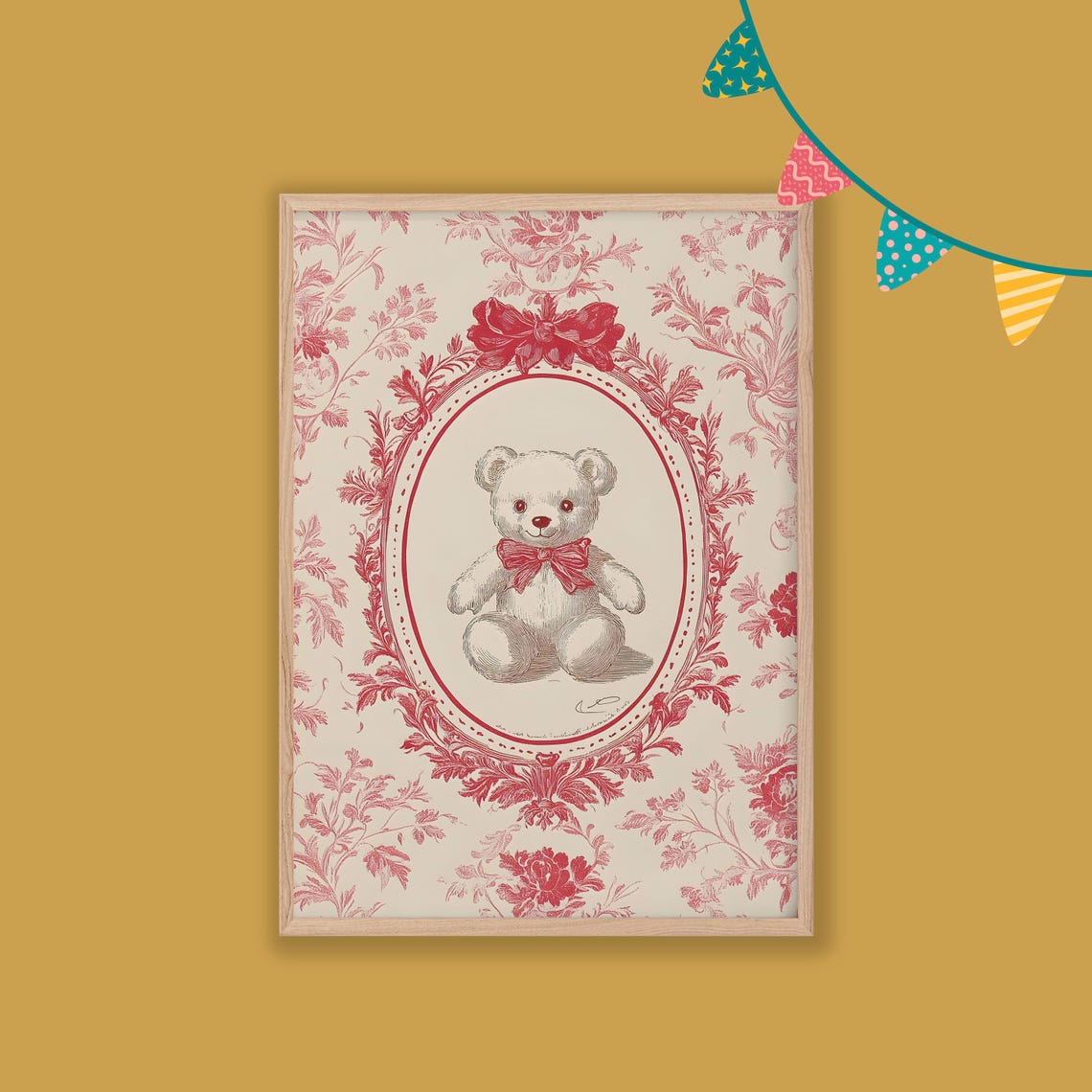 Red Toile Floral Teddy Bear with Bow Vintage Nursery Wall Art