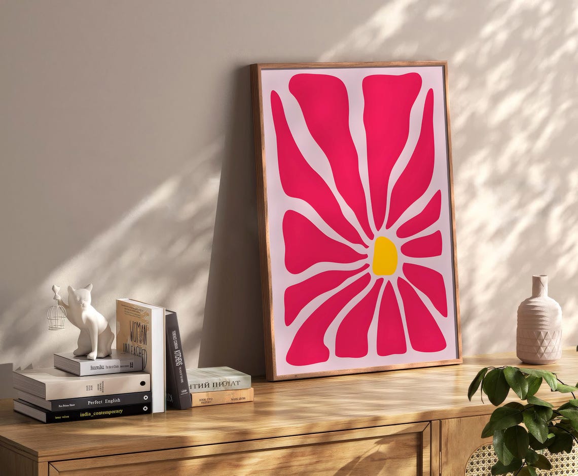 Pink Bold Flower Yellow Center Bloom Retro Botanical Wall Art - Image 2