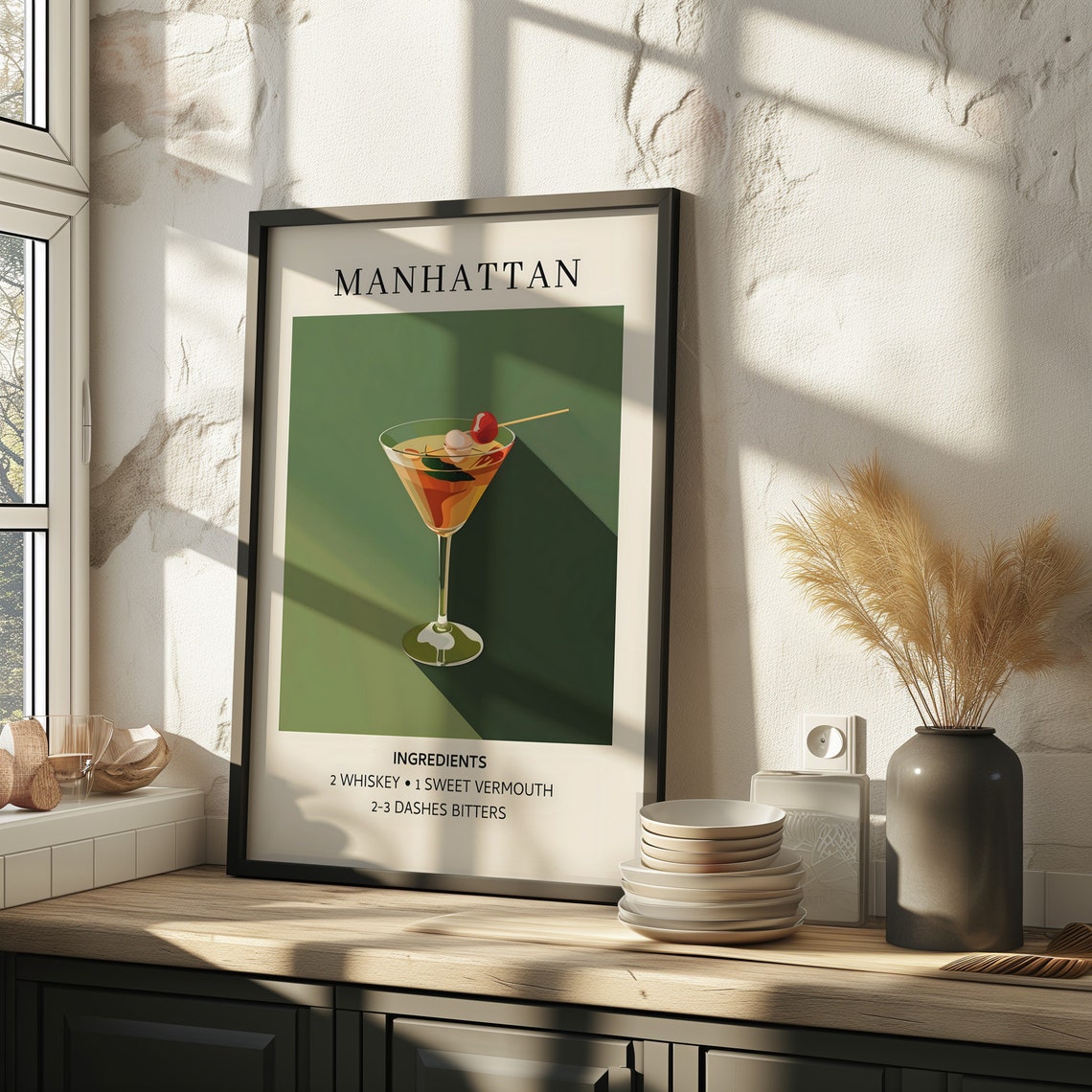Manhattan Cocktail Recipe Art Print Green Retro Bar Wall Decor