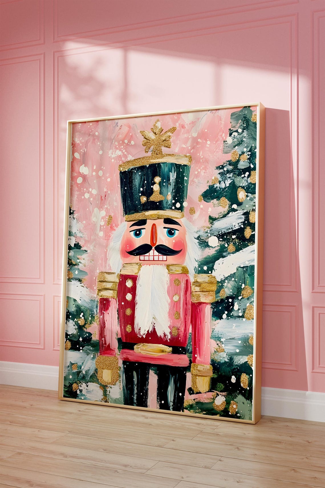 Pink Nutcracker Winter Forest Vintage Christmas Painted Poster - Image 3