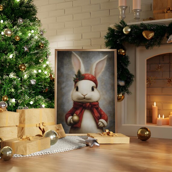 Christmas Bunny Red Coat Vintage Rabbit Holiday Portrait Poster