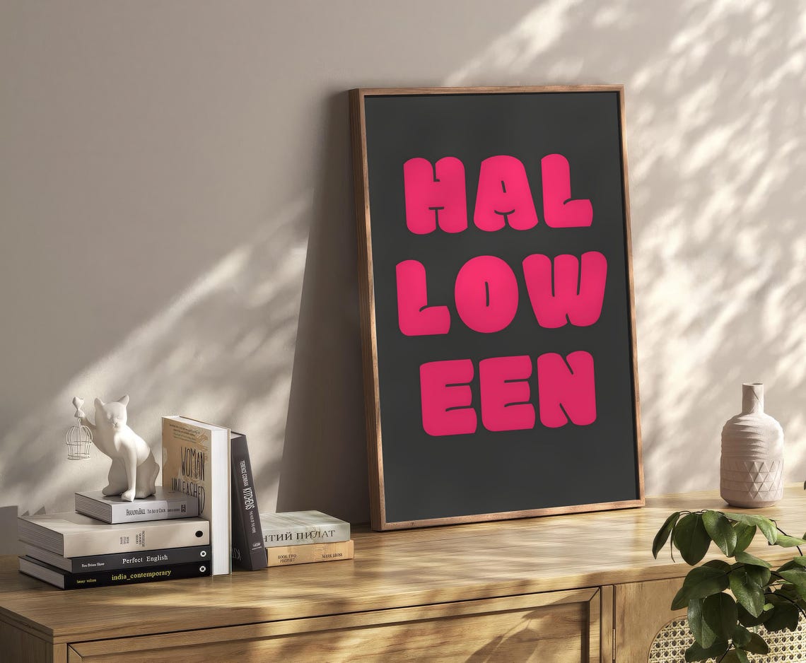 Halloween Pink Bubble Letters Black Background Bold Retro Poster