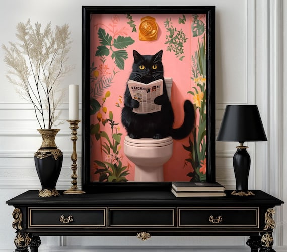 Black Cat on Toilet Reading Newspaper Funny Tropical Bathroom Poster
