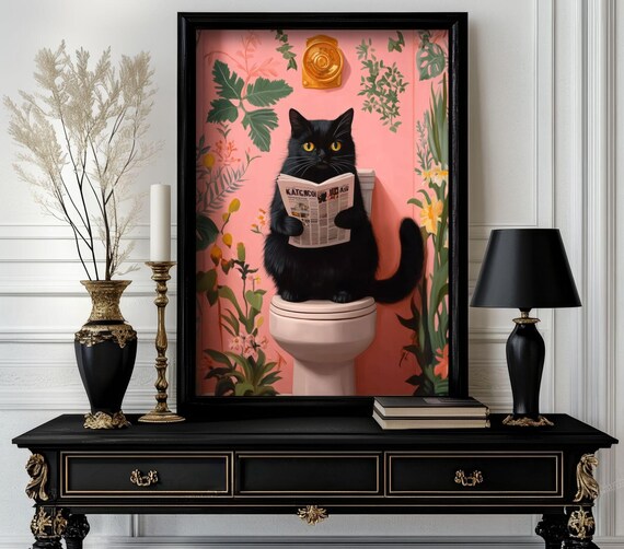 Funny Bathroom Cat Poster Animal On Toilet Wall Art Gag Gift For Guest Quirky Decor White Elephant 11