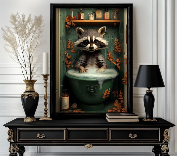 Funny Bathroom Raccoon Poster Animal On Toilet Wall Art Gag Gift For Guest Quirky Decor White Elephant 274