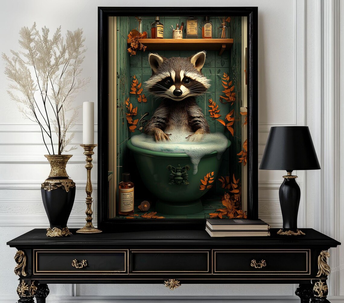 Raccoon Bubble Bath in Green Tub Autumn Leaves Funny Bathroom Poster