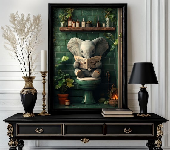 Funny Bathroom Elephant Poster Animal On Toilet Wall Art Gag Gift For Guest Quirky Decor White 223