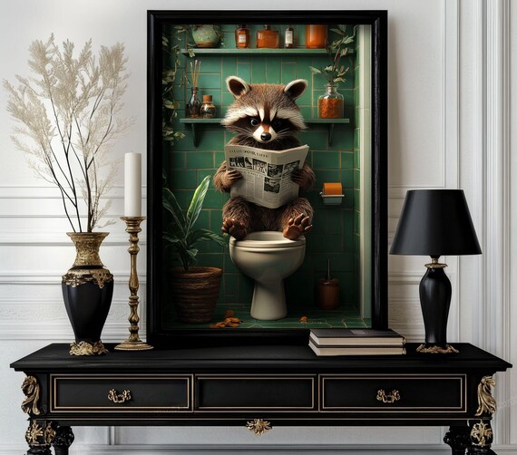 Funny Bathroom Raccoon Poster Animal On Toilet Wall Art Gag Gift For Guest Quirky Decor White Elephant 216