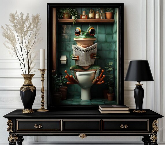 Funny Bathroom Frog Poster Animal On Toilet Wall Art Gag Gift For Guest Quirky Decor White Elephant 74
