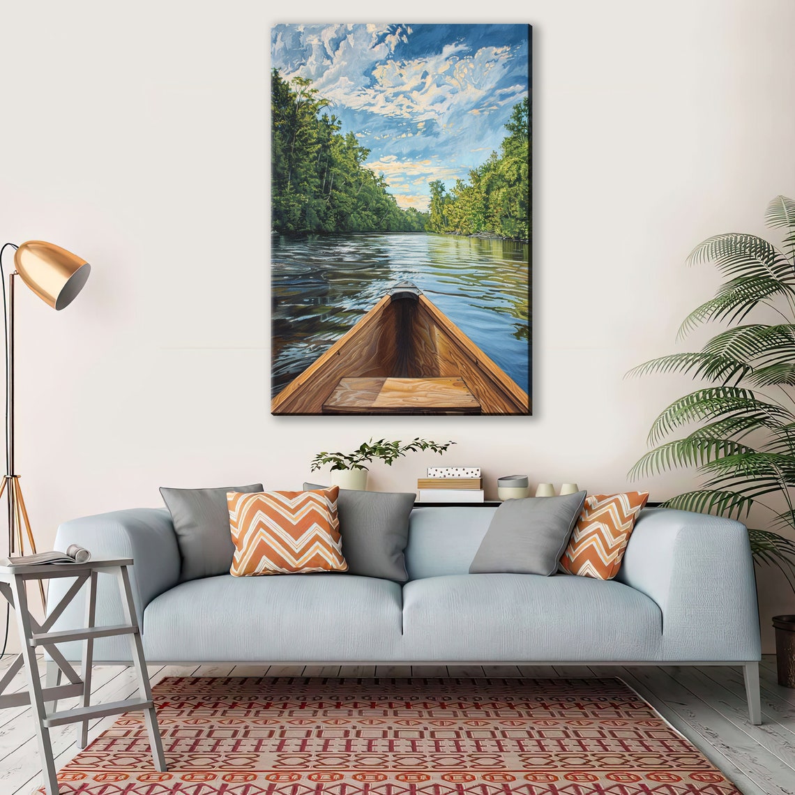 Wooden Canoe Bow Calm Forest River Blue Sky Adventure Wall Art - Image 2
