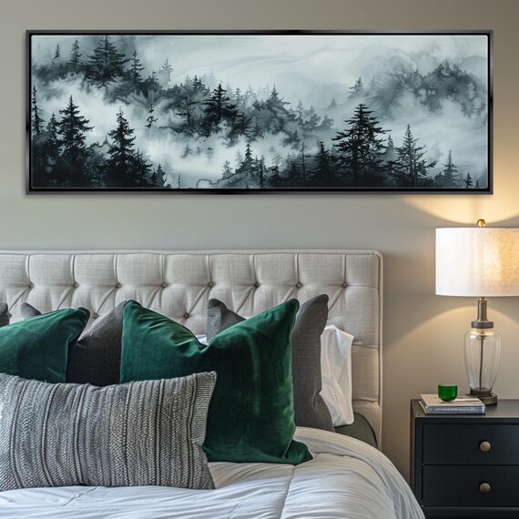 Grayscale Foggy Mountain Panoramic Framed Or Unframed Long Horizontal Gallery Wrapped Gicle Ready To Hang Extra Large Wall Art