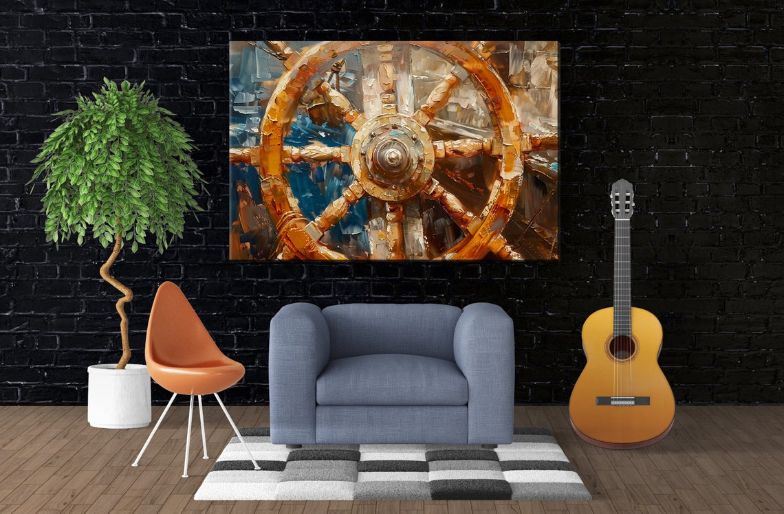 Golden Ships Wheel Close Up Deep Blue Nautical Maritime Wall Art - Image 3