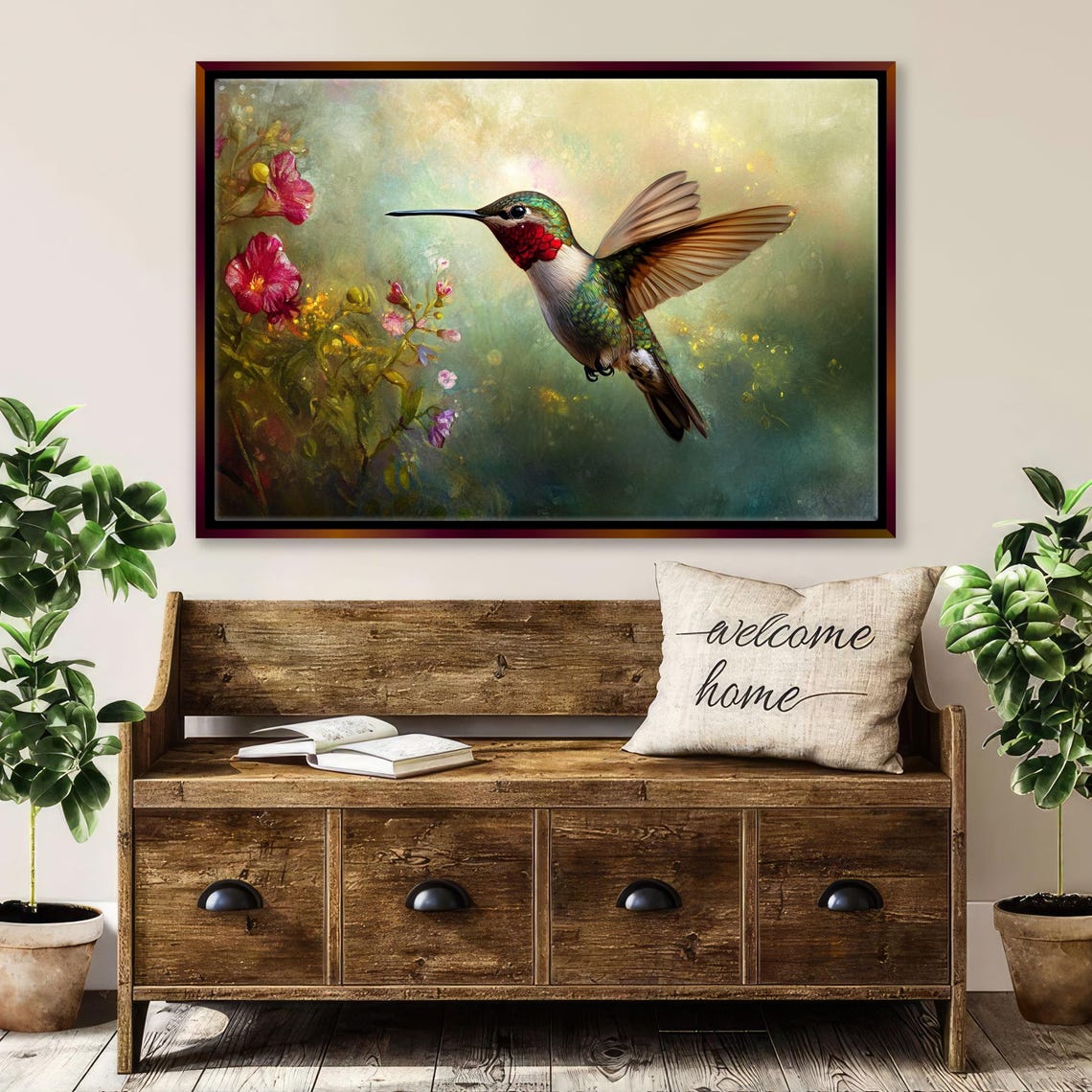 Hummingbird In Flight Oil Painting Style With Pink Flowers Bird Art