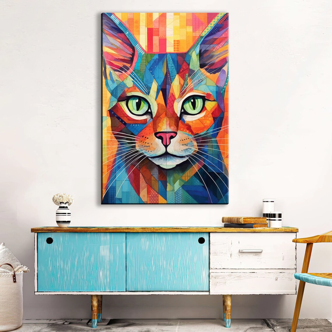 Geometric Cat Portrait Mosaic Stained Glass Style Green Eyes Art Print - Image 3