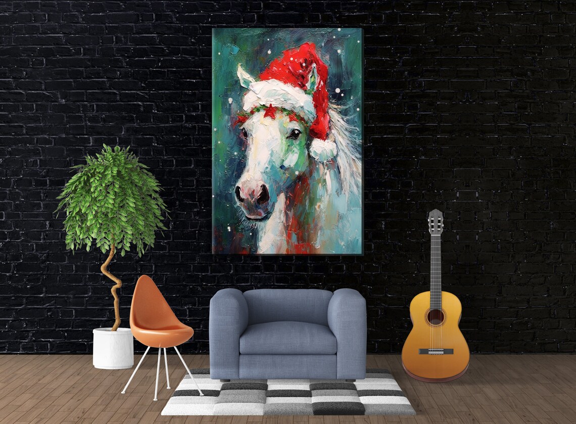 Horse in Santa Hat, Farmhouse Christmas Art Print - Image 4