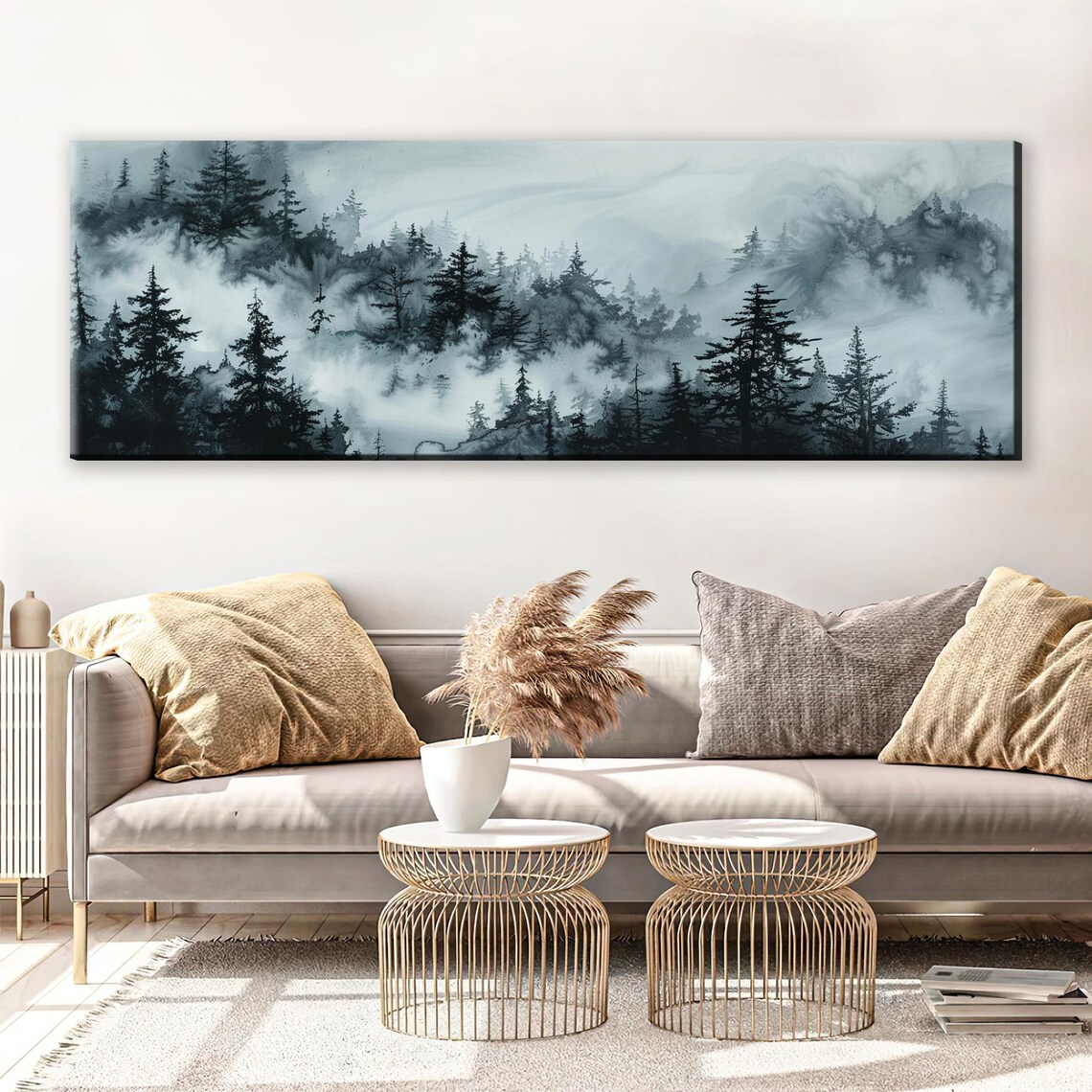 Grayscale Foggy Mountain Panoramic Framed Or Unframed Long Horizontal Gallery Wrapped Gicle Ready To Hang Extra Large Wall Art - Image 3