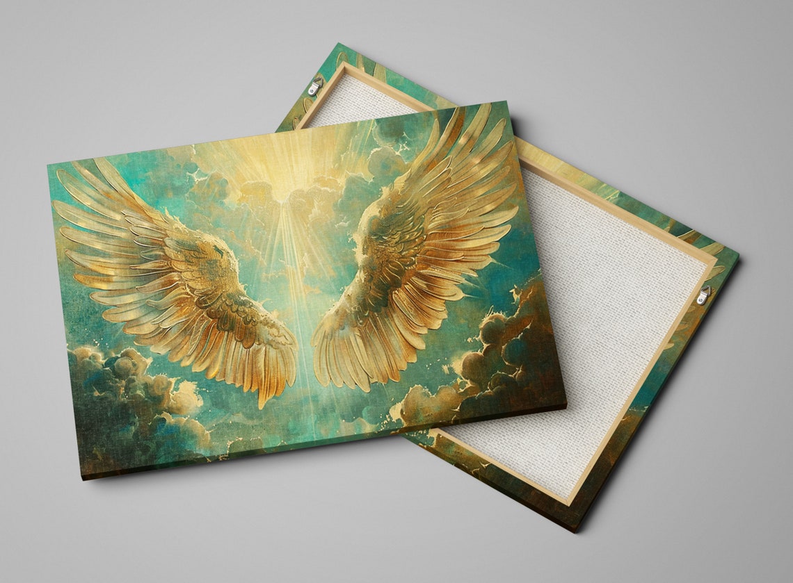Golden Angel Wings Heavenly Sunbeam Teal Clouds Divine Art Poster - Image 4