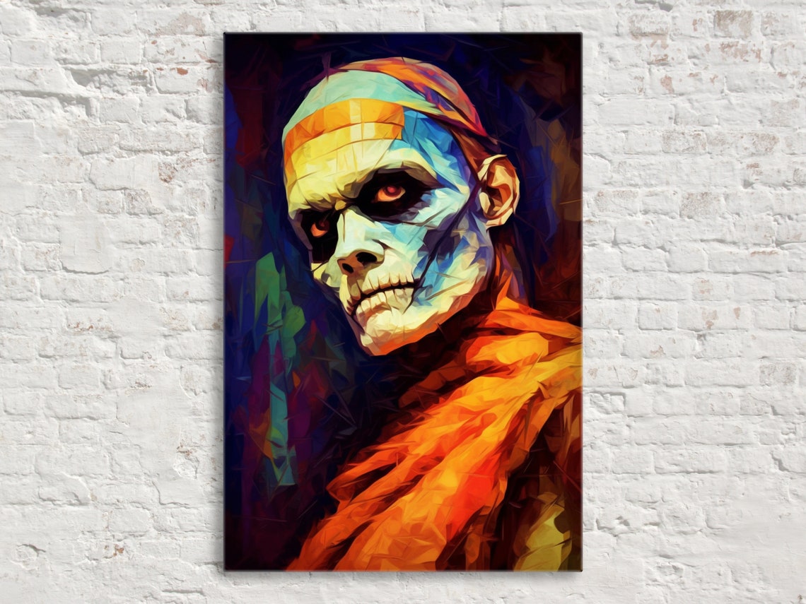 Scary Mummy Portrait Glowing Red Eyes Geometric Oil Painting Art Print