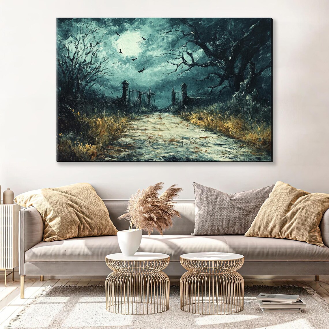 Eerie Moonlit Graveyard Gate Foggy Night Bats Spooky Halloween Wall Art - Image 4