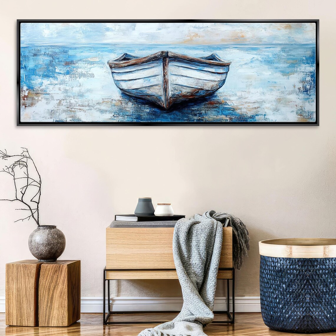 Panoramic Weathered Boat Blue White Coastal Nautical Long Horizontal Wall Art - Image 4
