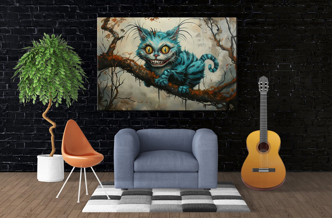 Moody Blue Cheshire Cat On Autumn Branch Eerie Wonderland Art Wall Poster - Image 4