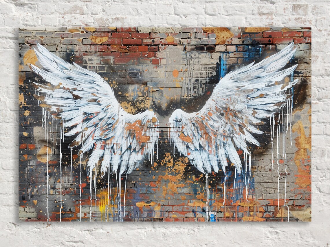 White Angel Wings Distressed Brick Wall Urban Street Art Poster