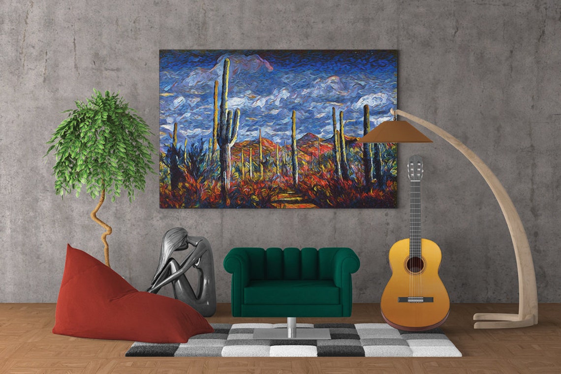 Saguaro Cactus Dramatic Night Sky Swirling Clouds Desert Art Poster - Image 5