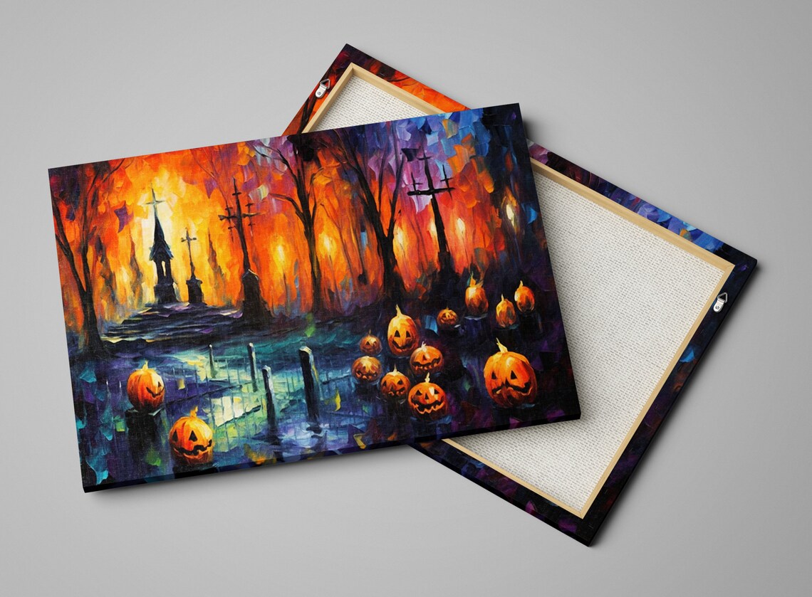 Spooky Halloween Graveyard Jack-O-Lanterns Oil Painting Style Art Print - Image 4