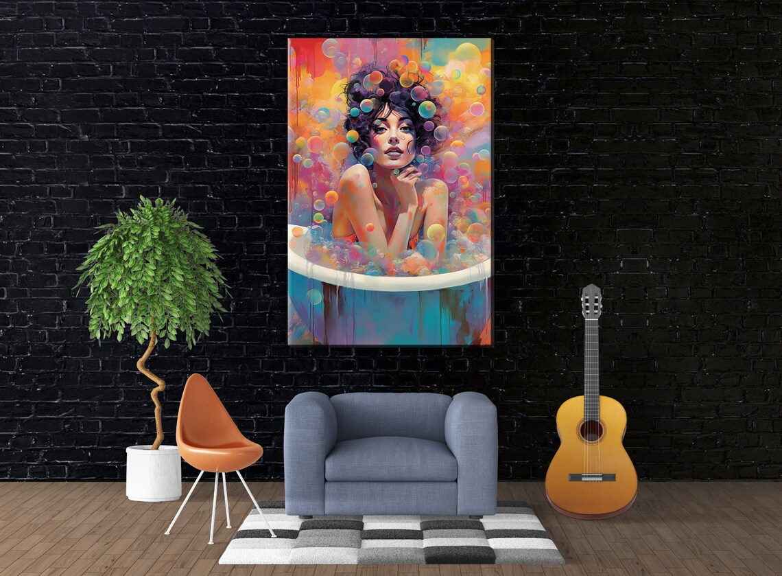 Feminine Woman in Bubble Bath Colorful Bubbles Dreamy Pop Art Poster - Image 3