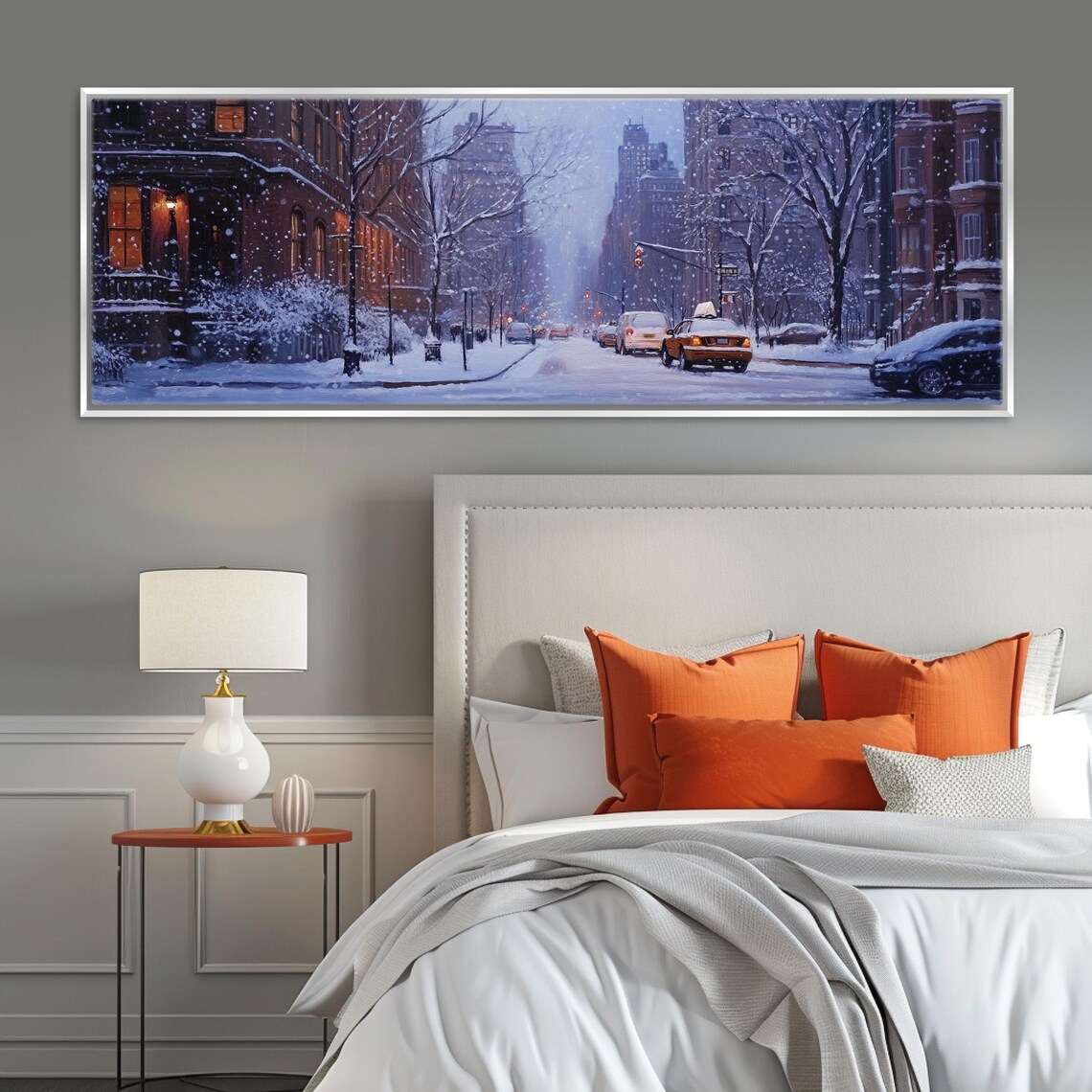 New York City Snowy Brownstone Street Yellow Taxi Night Lights Poster - Image 3