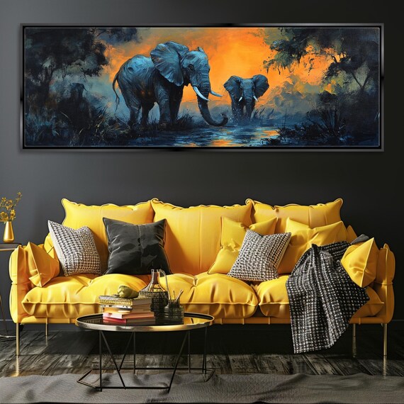 Elephants At Sunset African Waterhole Mother Baby Golden Panoramic Poster