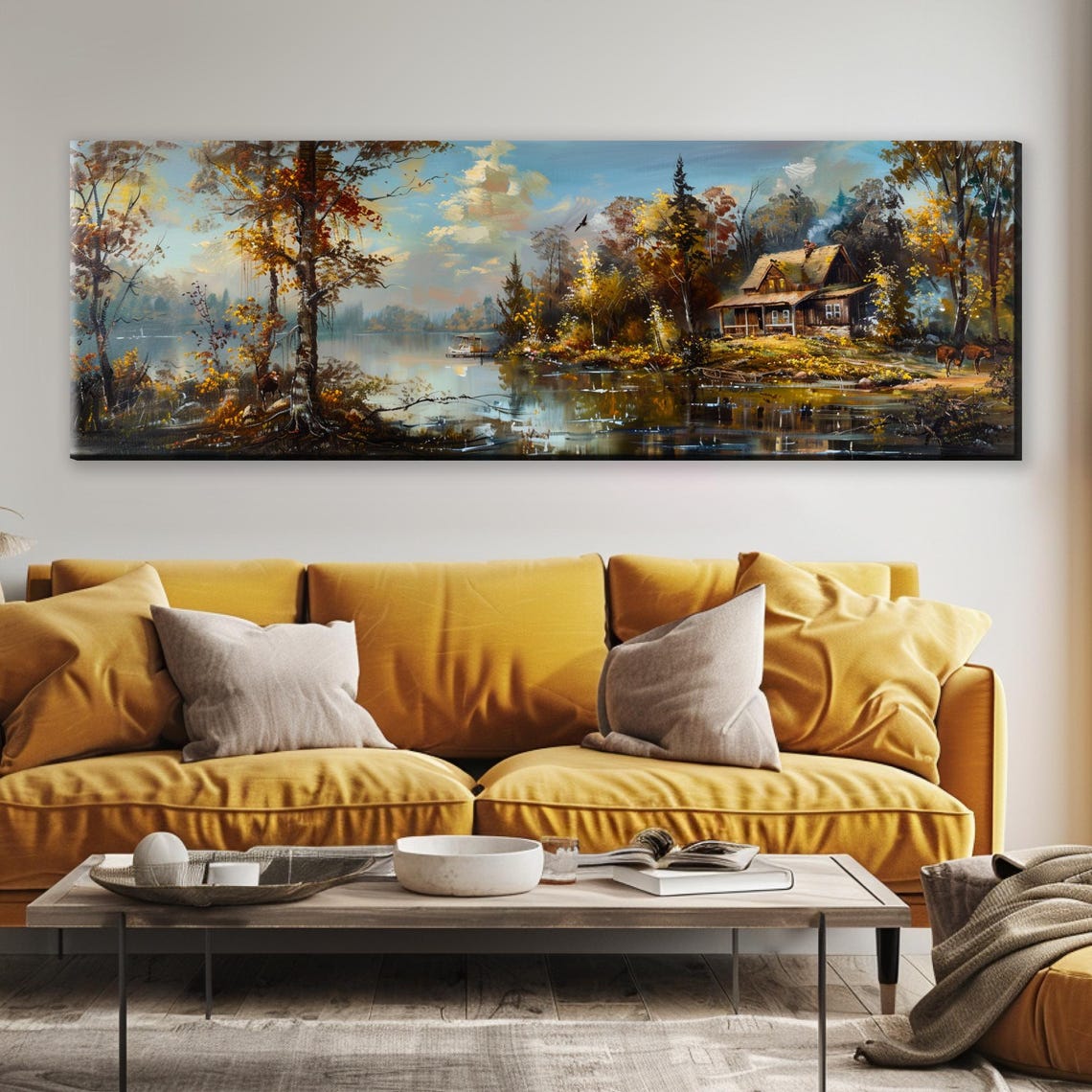 Rustic Cabin On The Lake Panoramic Framed Or Unframed Long Horizontal Gallery Wrapped Gicle Ready To Hang Extra Large Wall Art - Image 5