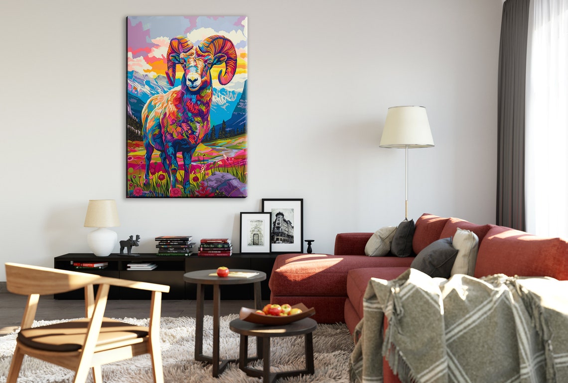 Rainbow Bighorn Ram Pop Art Sunset Meadow Vibrant Wildlife Poster - Image 2