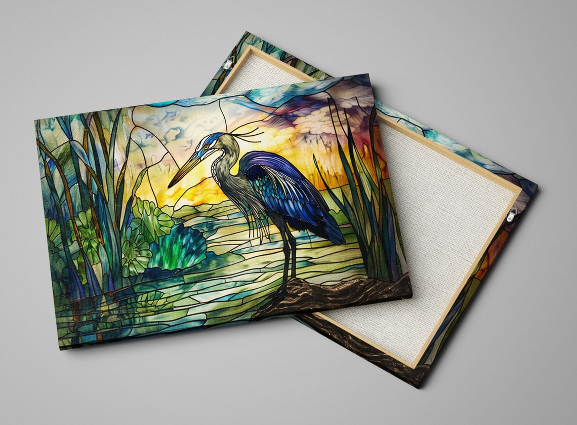 Blue Heron Stained Glass Sunset Wetlands Leaded Panel Art Poster - Image 4