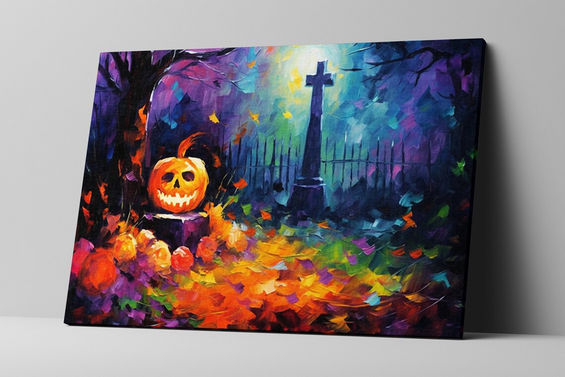 Grinning Jack-O-Lantern Moonlit Graveyard Autumn Night Oil Painting Print - Image 5