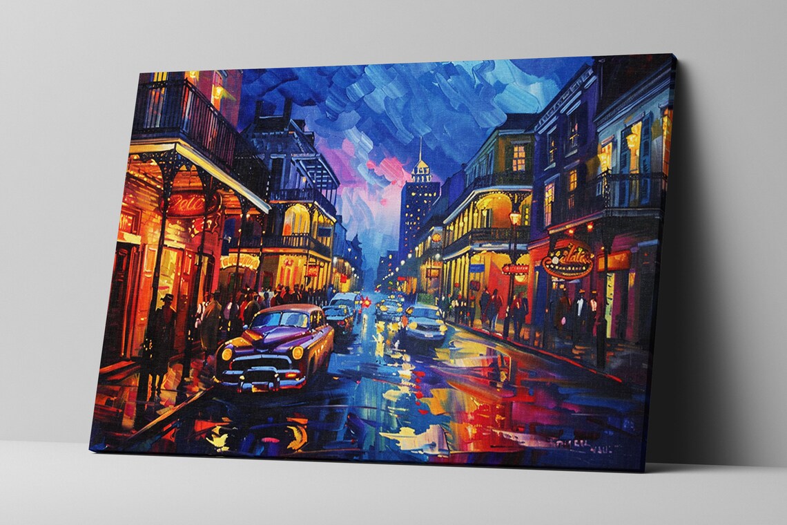 French Quarter Night Rain Vintage Car Wet Street City Wall Art Poster - Image 5