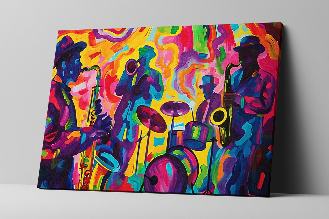 Abstract Neon Jazz Ensemble Silhouette Musicians Rainbow Stage Art Poster - Image 5