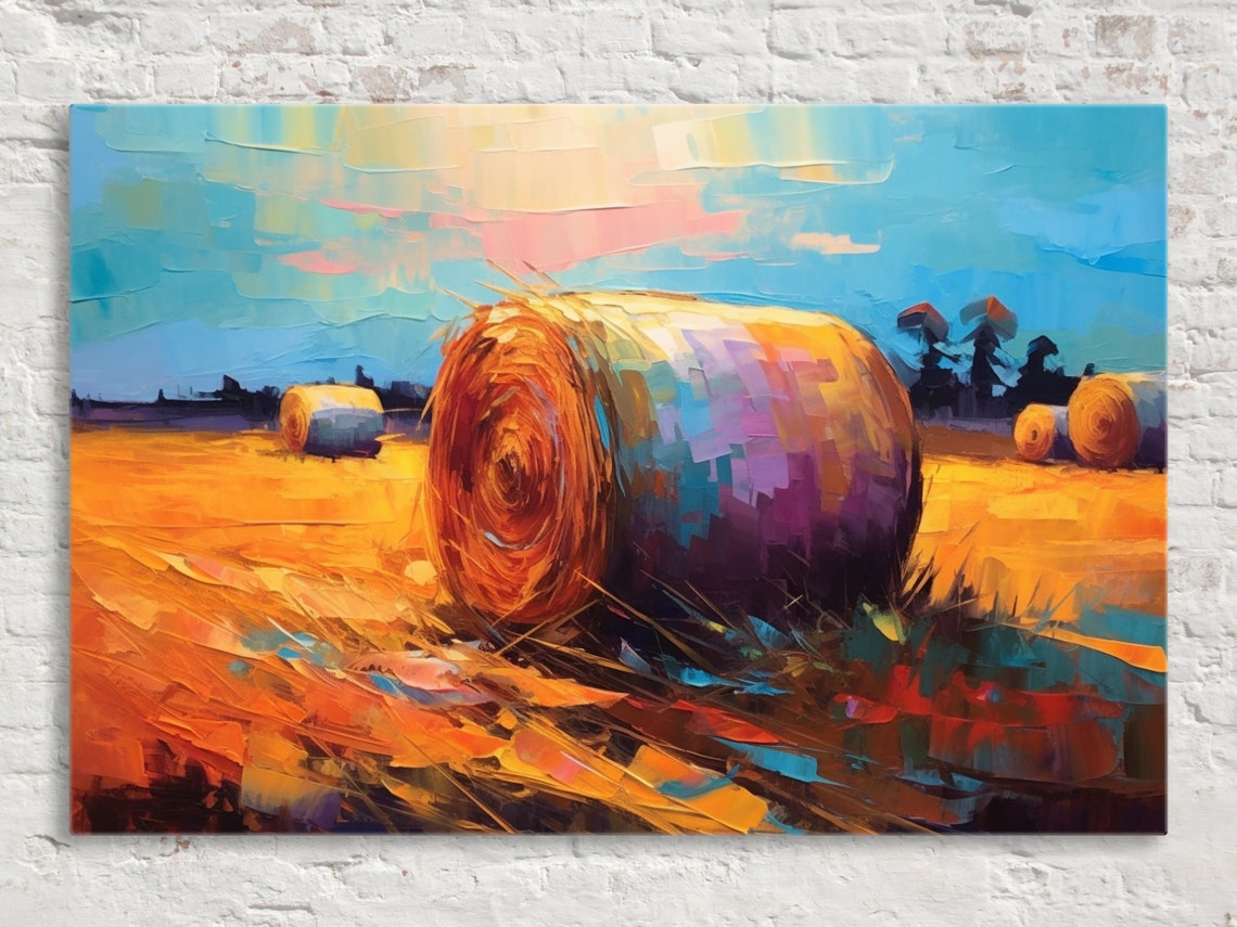 Golden Autumn Hay Bale Harvest Field Blue Sky Impressionist Poster