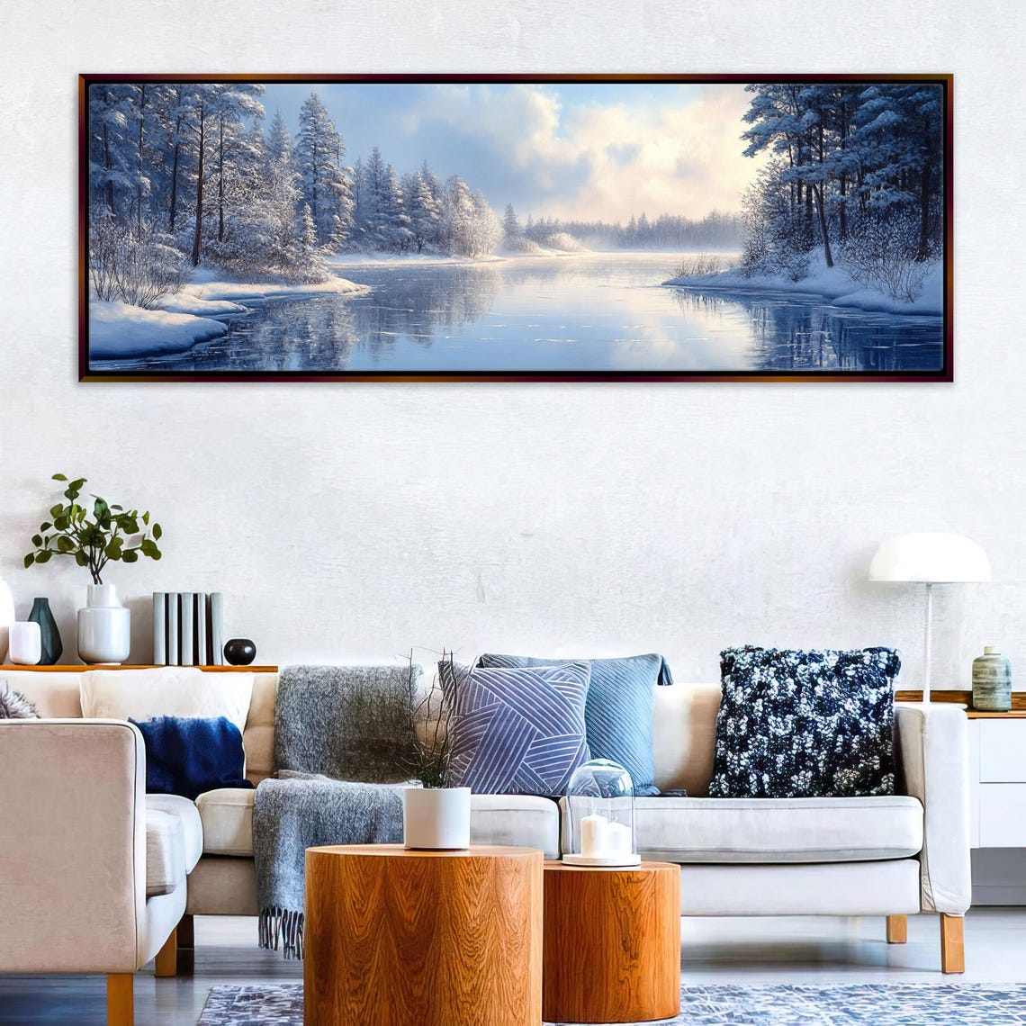 Serene Winter Lake Snowy Pines Still Water Soft Morning Sky Art Poster - Image 3