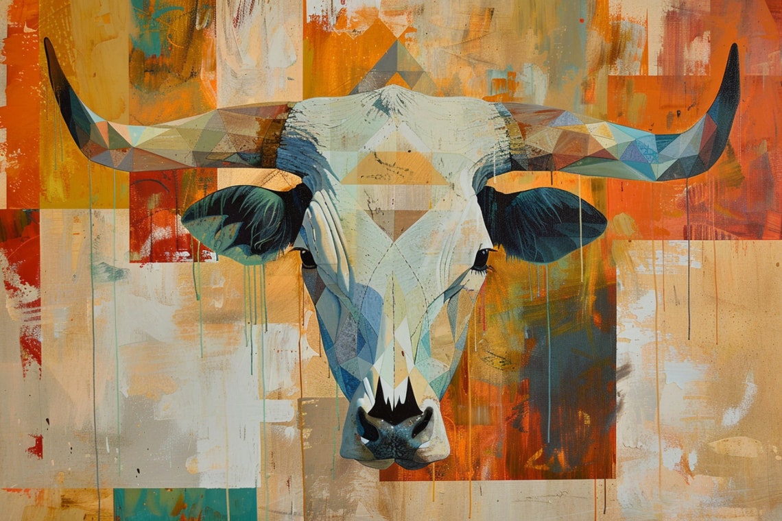 Faceted Longhorn Cow Skull Geometric Orange Sunset Western Art Poster - Image 5