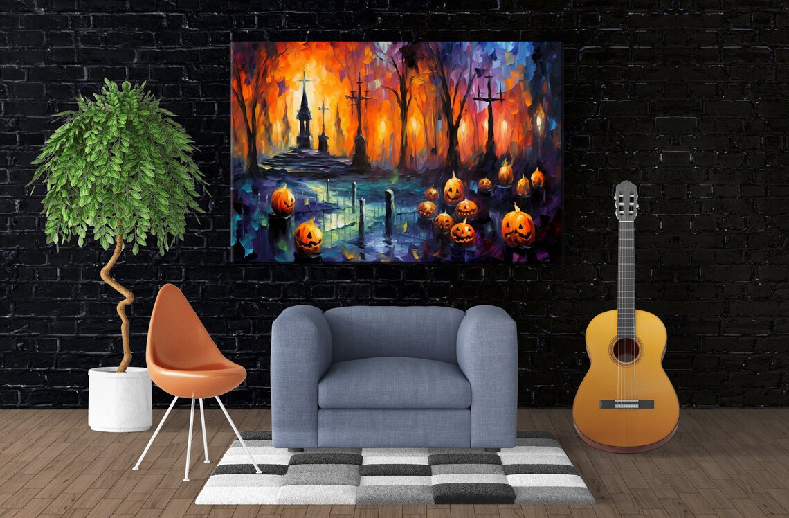 Spooky Halloween Graveyard Jack-O-Lanterns Oil Painting Style Art Print - Image 3