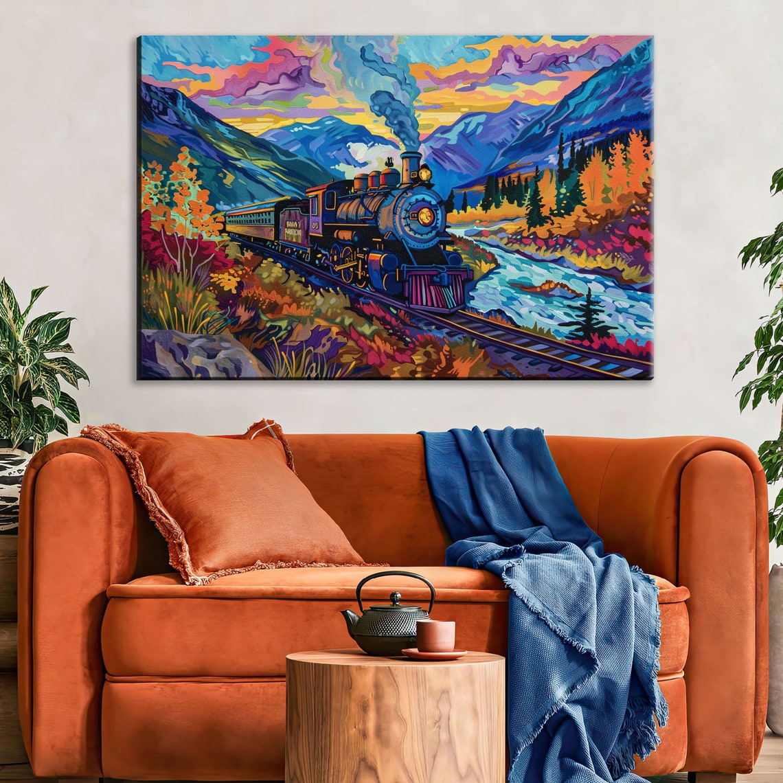 Steam Train River Canyon Autumn Sunset Pop Art Locomotive Poster - Image 2