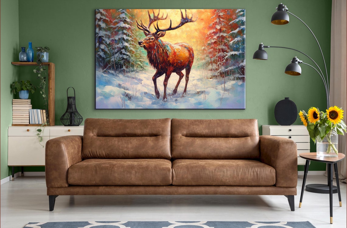 Majestic Elk Snowy Forest Golden Sunset Big Antlers Winter Art Print - Image 2